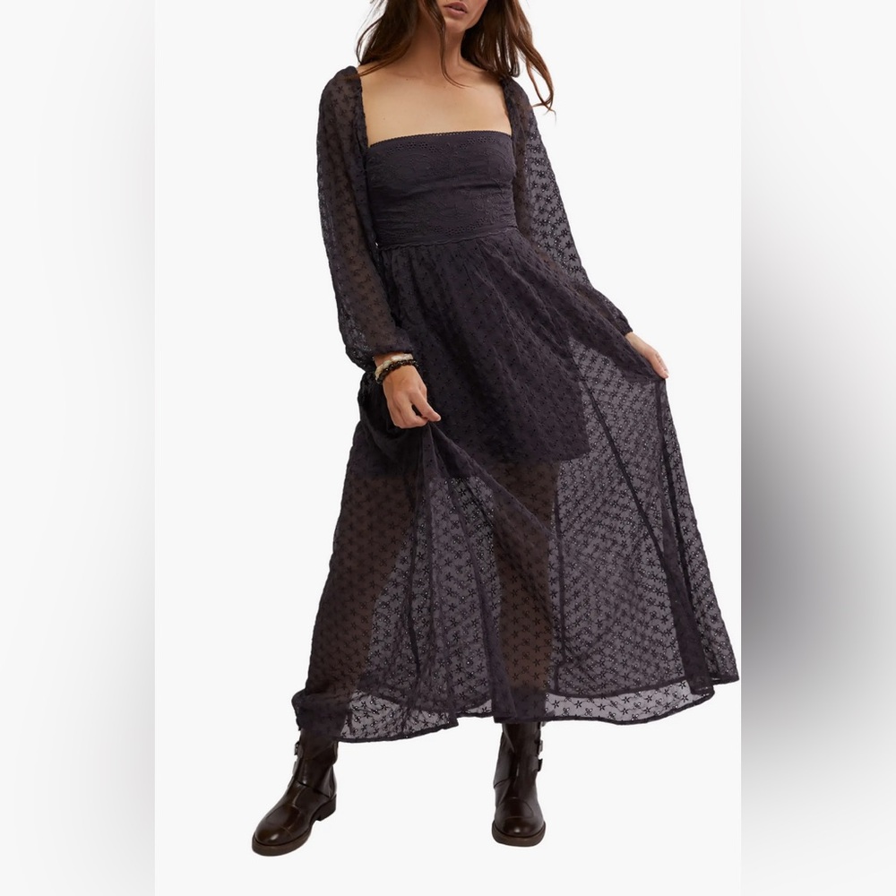 Free People Malina Eyelet Maxi Dress L Dark Gray NWT